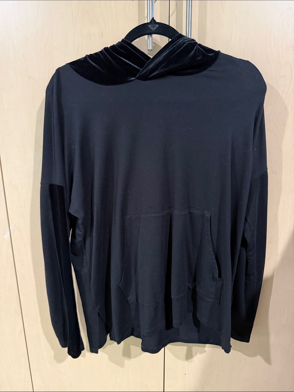 Eileen Fisher Black Crewneck Pullover with Velvet-Trim Hood